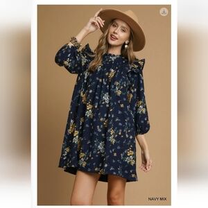 NEW!! Umgee Floral Navy Dress with Ruffle Sleeves, SZ XL, NWT